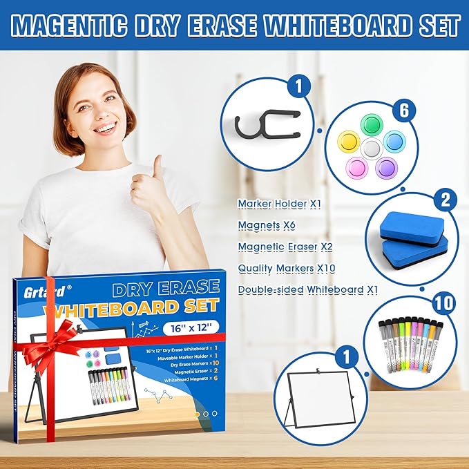 Grtard Dry Erase Magnetic White Board, 16''x12'' Double-Sided Desktop Whiteboard with Stand, Portable Small Whiteboard Set, Dry Erase Board for Drawing, ToDo, Office, Home, School(Black)