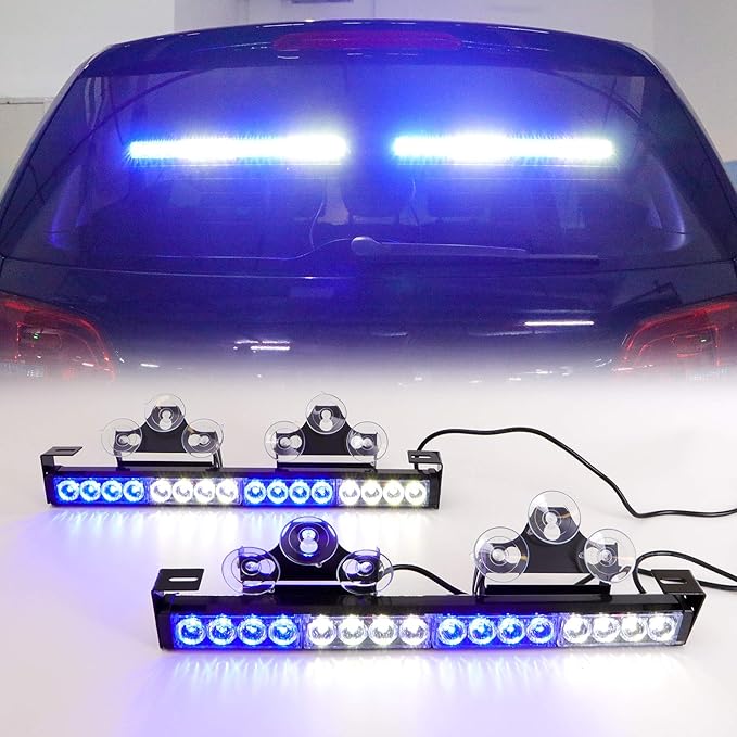LE-JX Blue/White 2 in 1 Emergency Strobe Light Bar 21 Flash Patterns Traffic Advisor Warning Hazard Windshield Safety Lights Bar with Cigar Lighter for Police Vehicles, Truck (2×16.8 inch, 32 Led)