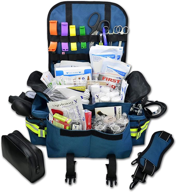 Lightning X Personalized First Responder EMT EMS Trauma Bag w/Stocked First Aid Fill Kit B & Custom Embroidered Name Patch (Blue)