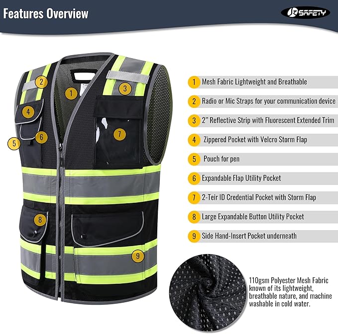JKSafety 11 Pockets Hi-Vis Black Mesh Safety Vest for Men Women High Visibility Reflective Construction with Zipper Work Utility PPE Work Gear ANSI/ISEA compliant (102-Black 5XL)