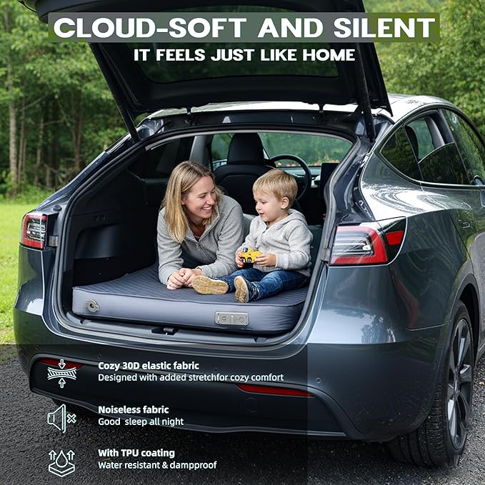 UPWELL Self Inflating Sleeping Pad Truck Camping Thick Mattress for Tesla Model Y Solid Foam 4 Season Car Bed Mattress Portable Roll Up Bed Grey，with air Pump