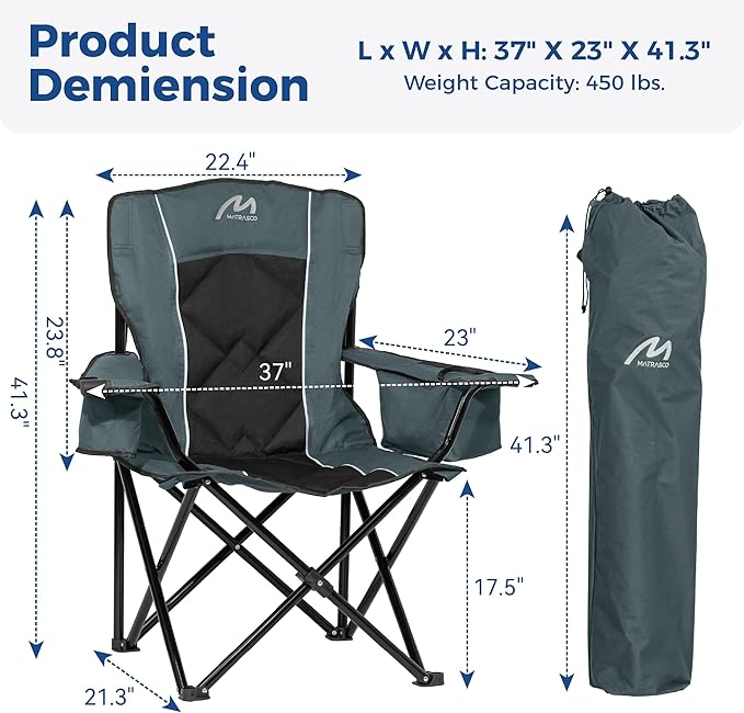 Oversized Padded Camping Chair, Heavy-Duty Steel Frame for 450 lbs Supports, Convenient 6-Can Cooler, Portable Carry Bag, Perfect for Outdoor, Beach, and Hiking (Gray & Black)