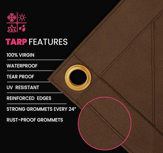 PROTARP Extreme Heavy Duty 20 OZ Water Resistant Canvas Tarp, UV Resistant Tarpaulin Cover with Rustproof Brass Grommets, Multipurpose for Canopy, Roof, Camping, Woodpile (Brown 12'X20')