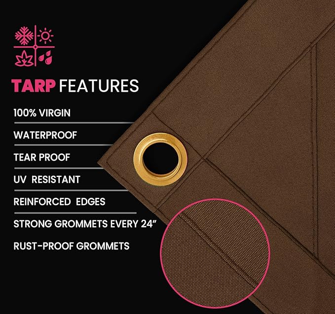 PROTARP Extreme Heavy Duty 20 OZ Water Resistant Canvas Tarp, UV Resistant Tarpaulin Cover with Rustproof Brass Grommets, Multipurpose for Canopy, Roof, Camping, Woodpile (Brown 10'X20')