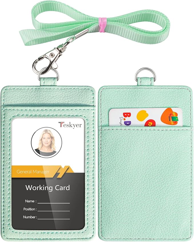Teskyer Badge Holder with Lanyard, Leather ID Name Badge Card Holder with Lanyard for ID Badges, Vertical, Lychee Pattern Light Green