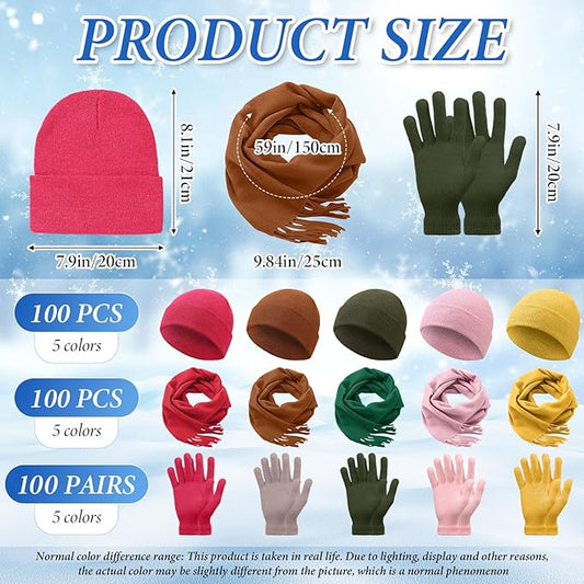 Unittype 300 Pcs Winter Homeless Care Supplies Bulk - Beanies Caps Gloves Scarves Set for Community Charity Church Donation