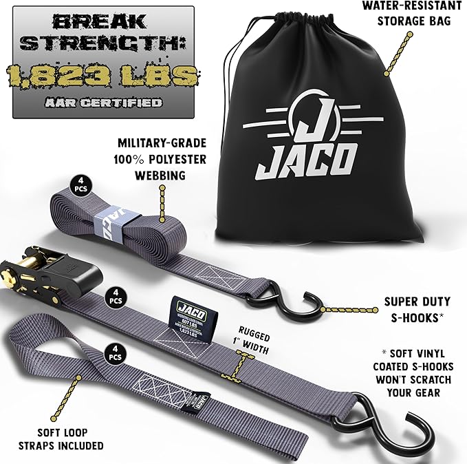 JACO Ratchet Tie Down Straps - 1 inch x 15 ft (Pack of 4) | 1,823 lbs (Grey)