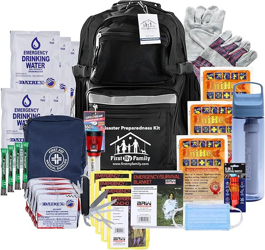 All-in-One 4 Person, LifeStraw Go, 72 Hour Bug Out Bag Emergency Survival Kit for Family. Be Prepared for Hurricanes, Floods, Tsunami, Other Disasters