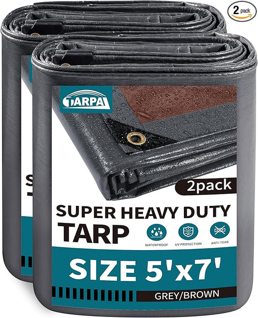 TARPAL tarp 5x7 Feet(2-Pack) Super Heavy Duty Tarps Cover 20mil Waterproof UV Protection Rip and Tear Proof Tarpaulin with Grommets(Grey/Brown)