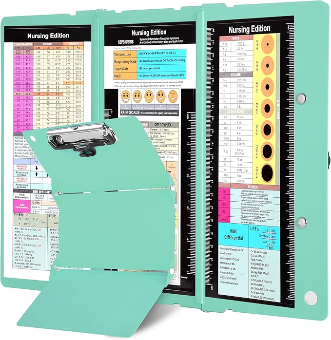 Nursing Foldable Medical Clipboard, Edition Cheat Sheets Lithium 3 Layers Foldable Clipboards Nursing Pocket Size Profile Clip Nurse Clipboards Notepad for Nurses Students and Doctors, Green