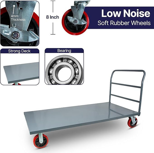Flatbed Platform Cart Industrial Dolly – Heavy Duty 72” x 36” Hand Push Truck, Super Heavy Duty Flatbed with 2000Lb Capacity & 8'' Swivel Locking Wheels for Commercial Moving