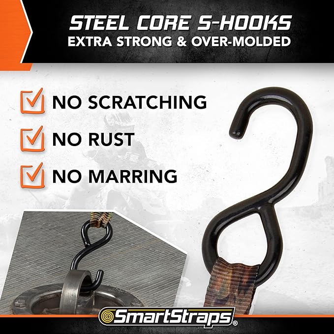 SmartStraps 10’ Retractable Ratchet Straps, 2 Pack — Heavy Duty Camo Ratchet Straps, 3,000lb Break Strength, 1,000lb Safe Work Load — Haul Motorcycles, Boats, and Appliances with Patented Technology