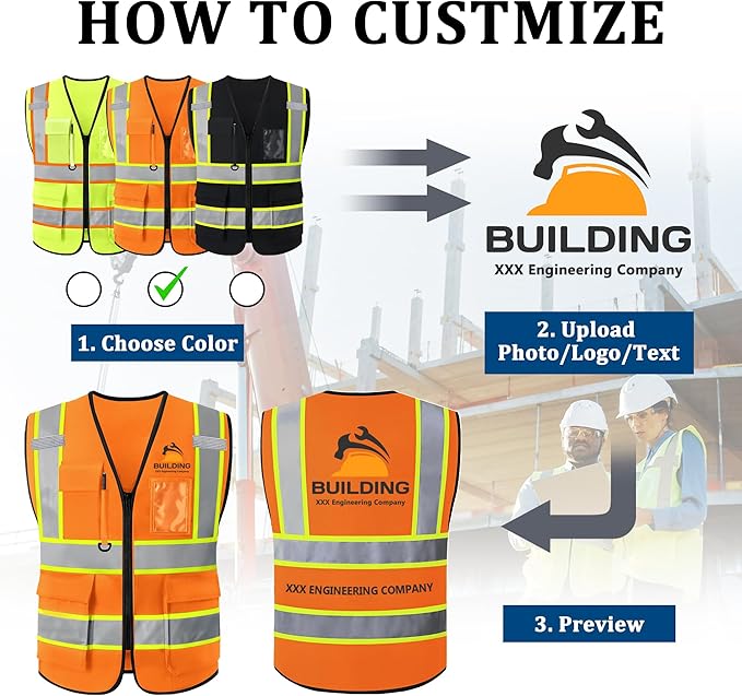 Custom Safety Vest with Logo, High Visibility Reflective Personalized Vest with Pockets and Zipper for Men Women Work