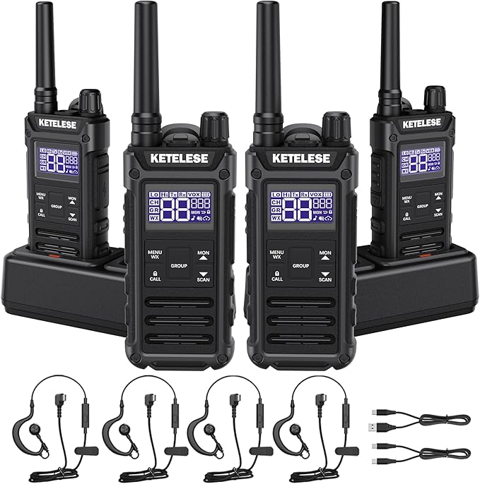 KETELESE T3G IP67 Waterproof Walkie Talkies Rechargeable, Heavy Duty 2 Way Radios with Earpiece and Mic, Dock, USB, NOAA Weather Alert, Group PTT (4 Pack), Black/Grey