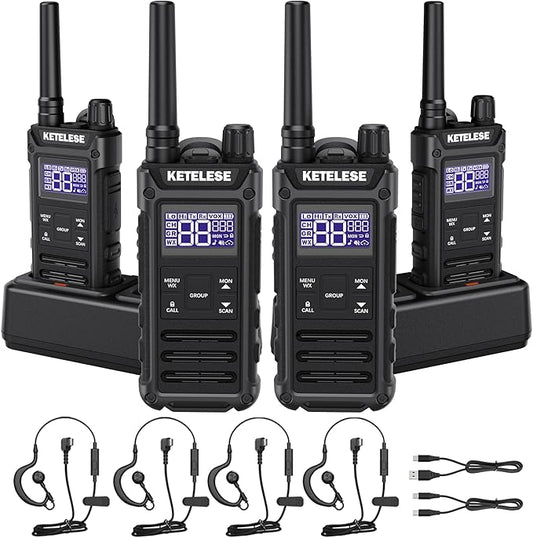 KETELESE T3G IP67 Waterproof Walkie Talkies Rechargeable, Heavy Duty 2 Way Radios with Earpiece and Mic, Dock, USB, NOAA Weather Alert, Group PTT (4 Pack), Black/Grey