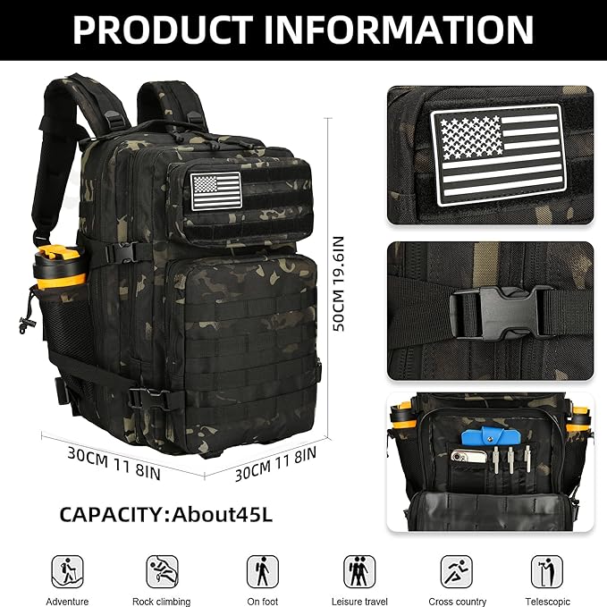 45L Tactical Assault Backpack 3 day assault pack with Molle Waterproof backpack Rucksack for Tactical Backpacks (Black Tie Dye)