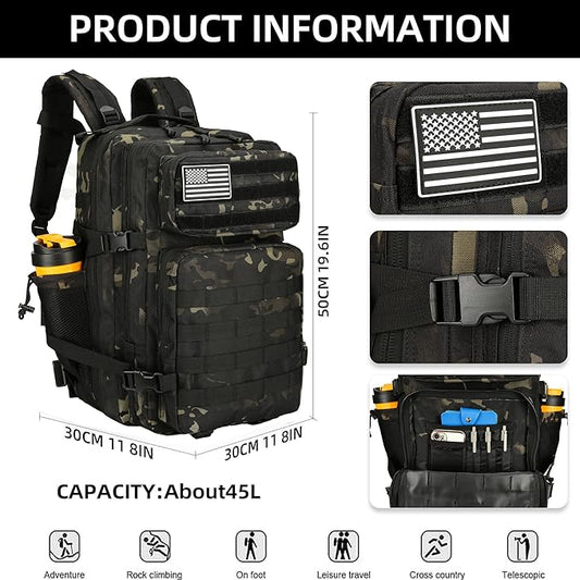 45L Tactical Assault Backpack 3 day assault pack with Molle Waterproof backpack Rucksack for Tactical Backpacks (Black Tie Dye)