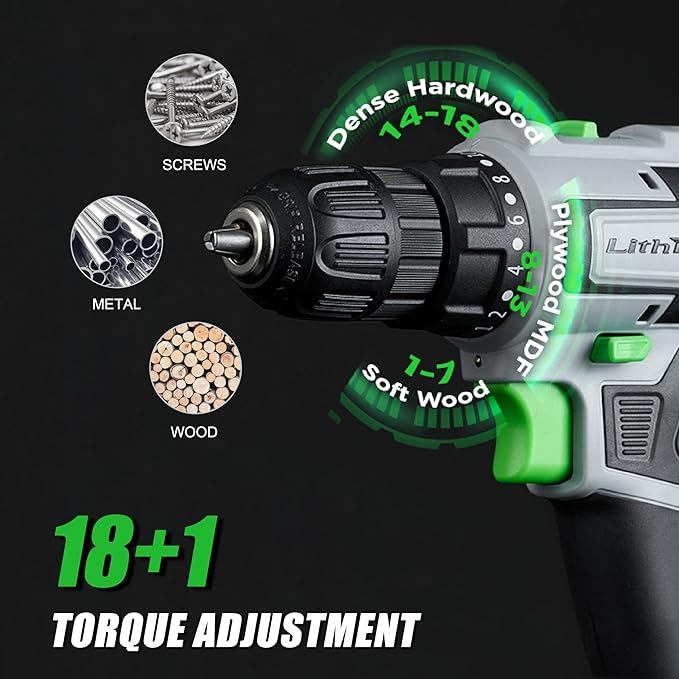 Cordless Drill Set, 20V Power Drill with Battery 2.0Ah and Charger, 2 Batteries, 3/8-Inch Keyless Chuck Electric drill, 18+1 Position, 2 Variable Speed, 380 In-lb Torque (Green)