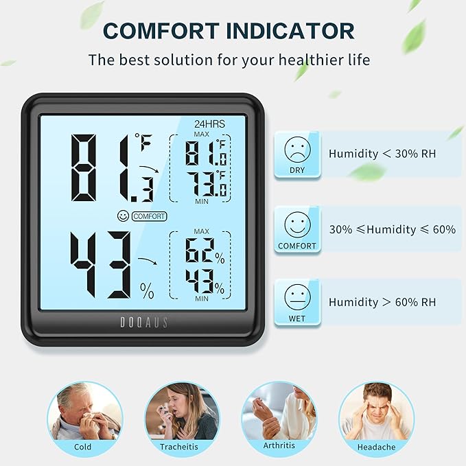 DOQAUS Digital Hygrometer Indoor Thermometer for House, Room Thermometer with 3s Fast Refresh & Max Min Records, Temperature Humidity Monitor Meter with Backlight, Black