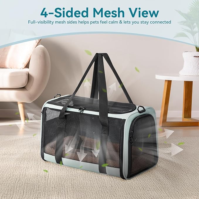 Petsfit 18 X 11 X 11 Airline Approved & Cat Car Carrier, with Patent Safety Buckles & Lockable Zippers Preventing Escapes, Breathable Mesh & Padded Mat — Portable, Stress-Free Travel Carrier