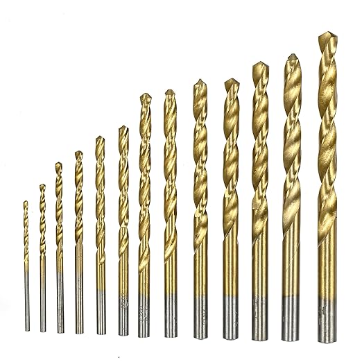 Drill Bit Set, 13Pcs 1/16-1/4 inch Titanium Coating High-Speed Steel Metal Drill Bits Kit with Round Shank for Cast Iron, Hardened Metal, Stainless Steel, Plastic and Wood