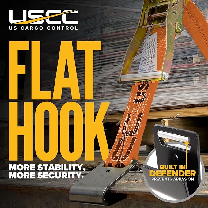 US Cargo Control Flat Hook Ratchet Strap 2 Inch X 30 Foot, 10,000 LBS Break Strength, Orange Heavy Duty Ratchet Straps with Black Flat Hooks, Tie Downs for Flatbed Trailer