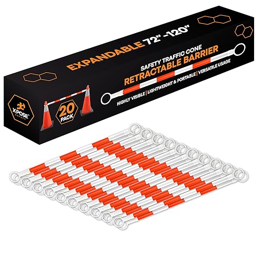 Retractable Barrier for Safety Traffic Cones - 2" OD - Large Yellow and Black Bar Barricade - for Road Construction, Parking, Warning, Temporary Security Divider (20, Orange & White, 72" x 120")