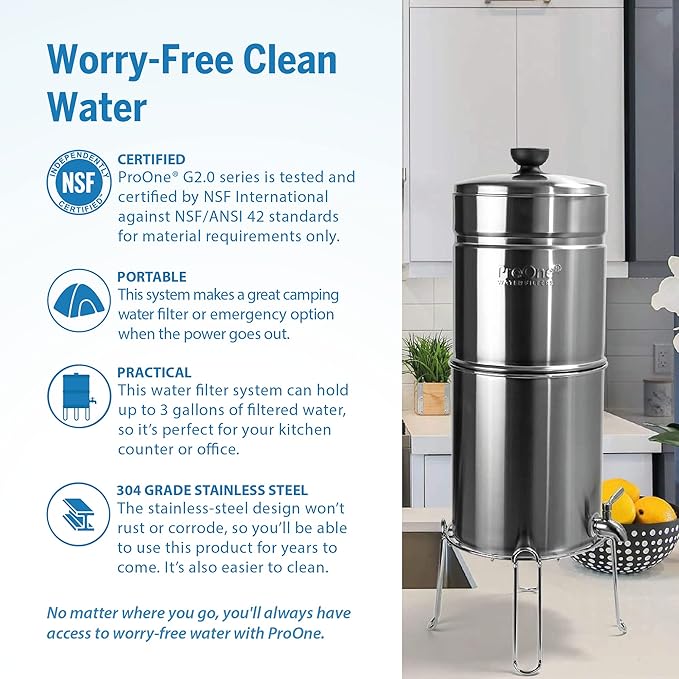 Pro One Gravity Water Filter System - NSF Certified, Removes Fluoride & Chlorine, Stainless-Steel Portable or Countertop Dispenser for Home, Camping & Travel (3 Gallon) with One 7” Filter