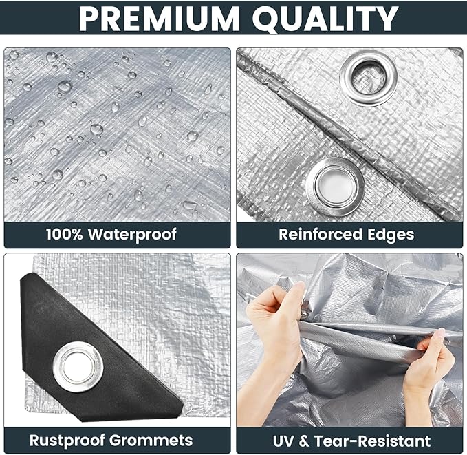 TICONN Heavy Duty Tarp Cover, Extra Thick Tarps Waterproof Tear and Rip Proof UV Resistant Tarpaulin with Reinforced Grommets and Edges (16 Mil, 6'x8')
