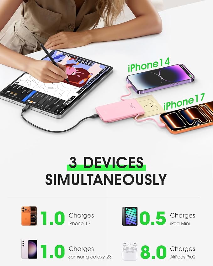 TG90° 2 Pack 5000mAh Portable Charger,Mini Power Bank Built-in Foldable AC Plug and Cables,Pocket Size USB C External Battery Pack Compatible with iPhone 17 16 15 14 Samsung Google iPad,Black & Pink