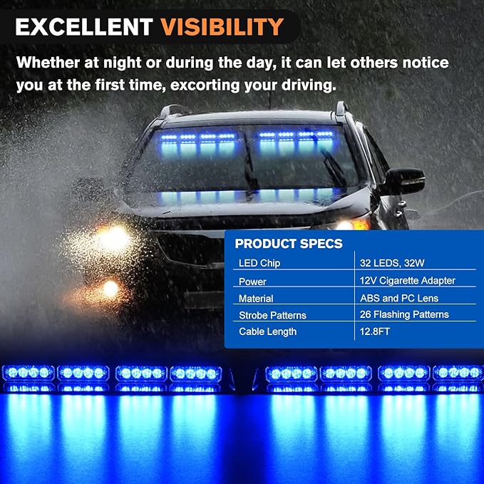 Nilight 32LED Blue Emergency Dash Strobe Lights with Controller Suction Cups Warning Hazard Interior Front/Rear Windshield Deck Split Light Bar for Trucks Construction Vehicles