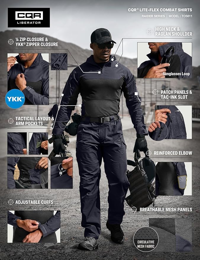 CQR Men's Combat Shirt Tactical 1/4 Zip Long Sleeve Military BDU Shirts Camo EDC Top with Pockets