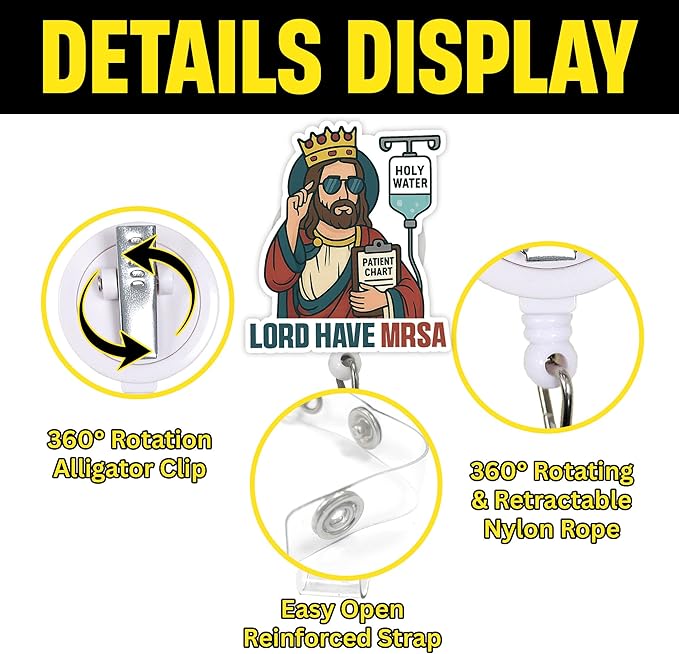 Funny Nurse Badge Reel, Lord Have MRSA Retractable ID Holder with Alligator Clip, Humorous Design for Nursing Student, Doctor, Medical Assistant & Office Staff
