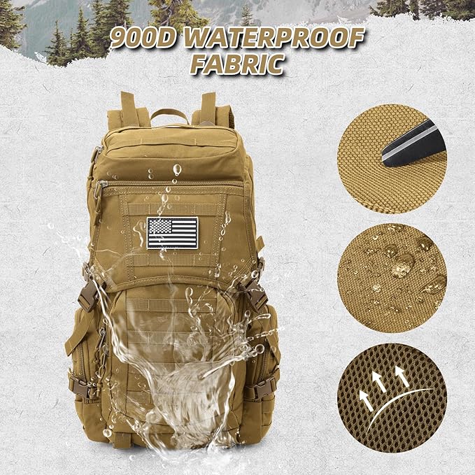 35L Military Tactical Backpack for Men,Water Resistant Assault Pack for Women,Khaki Molle Daypack 3 Day Bug Out Bag Rucksack for Trekking, Camping,Survival,EDC