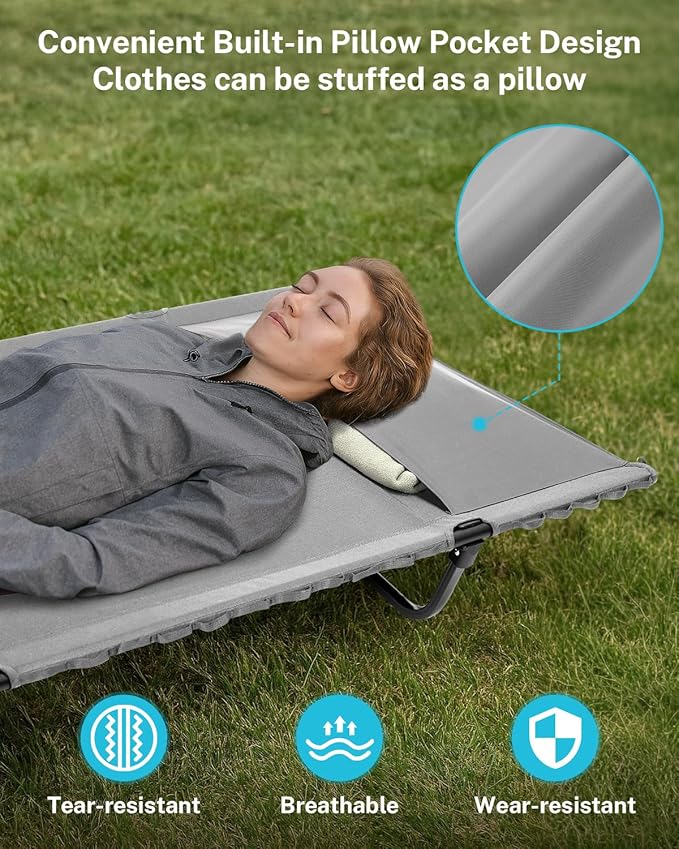 Gonex 31.5" Extra Wide Camping Cot with Premium Pillow Pocket Supports 350lbs, Portable Ultralight Folding Cot Bed for Adults Travel, Beach, Home, Sleeping (Grey)