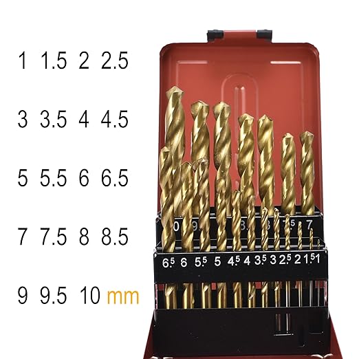 Drill Bit Set, Metric 1mm - 10mm 19Pcs Titanium Coating HSS Drill Bits Kit with Round Shank for Cast Iron, Hardened Metal, Stainless Steel, Plastic and Wood