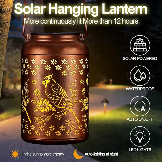 Cardinal Solar Lanterns Outdoor Waterproof Garden Decor, Christmas Cardinal Birthday Gifts for Women Mom Grandma,Hanging Metal Solar Lanterns LED Decoration(01-Red Bird)