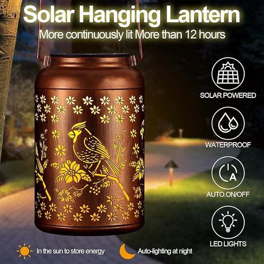 Cardinal Solar Lanterns Outdoor Waterproof Garden Decor, Christmas Cardinal Birthday Gifts for Women Mom Grandma,Hanging Metal Solar Lanterns LED Decoration(01-Red Bird)