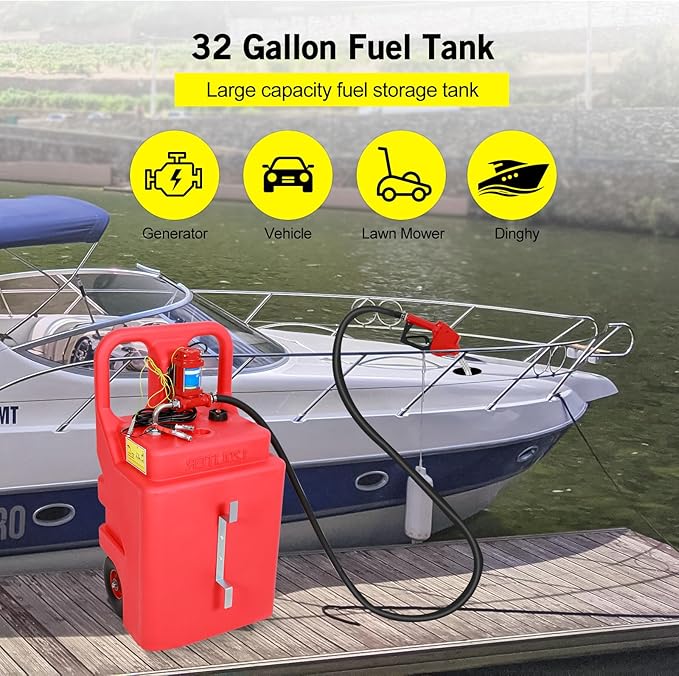 Gasoline Fuel Caddy Tank with Pump 32 Gallon, Portable Fuel Transfer Tank for Diesel & Gasoline with 12V 10GPM Electric Transfer Pump, Auto Fueling Nozzle, 13ft Hose, Sturdy Wheels