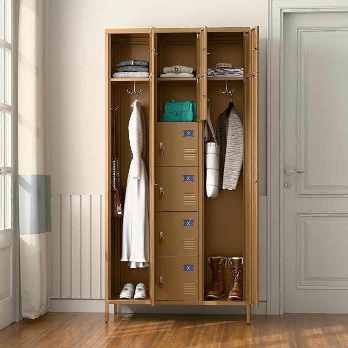 Metal Lockers for Employees with 10 Doors, 72" H Steel Lockable Storage Lockers with 6 Hooks and 10 Card Holder for Office, Home, Gym, School, Employees, Khaki