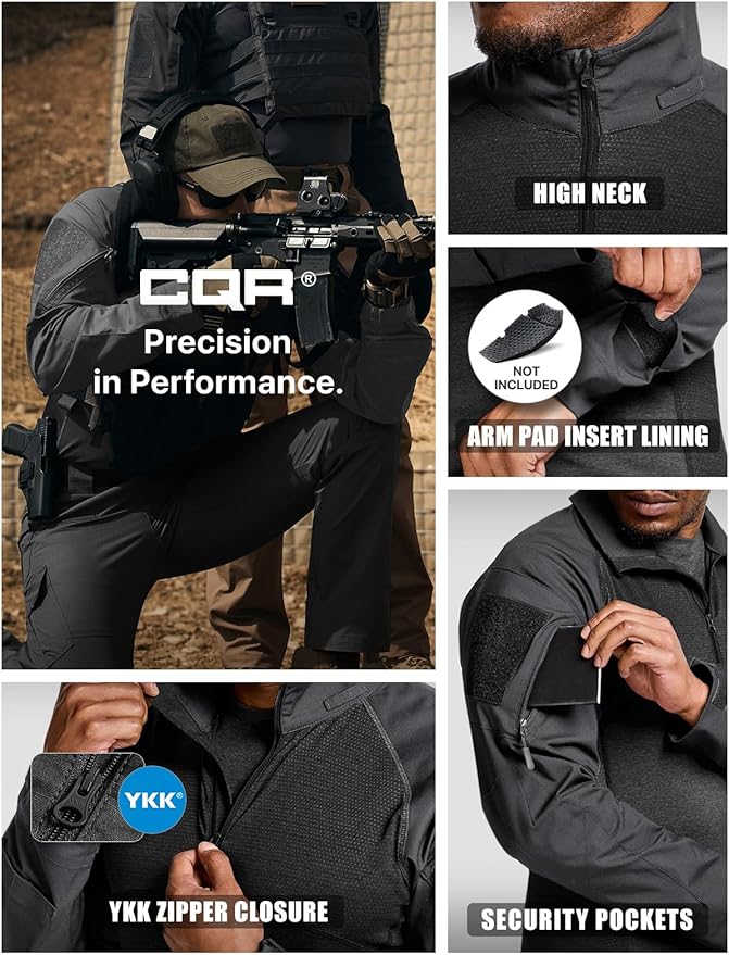 CQR Men's Combat Shirt Tactical 1/4 Zip Long Sleeve Military BDU Shirts Camo EDC Top with Pockets