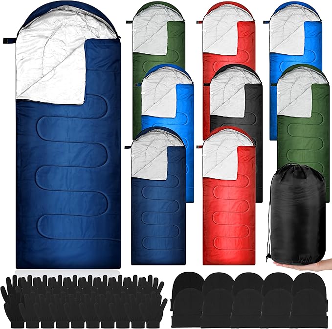 Tranqun 30 Pcs Bulk Sleeping Bags for Homeless Adults, Cold Weather Camping Sleeping Bag Liner with Winter Beanies and Gloves, Waterproof Lightweight for Backpacking Emergency Supplies