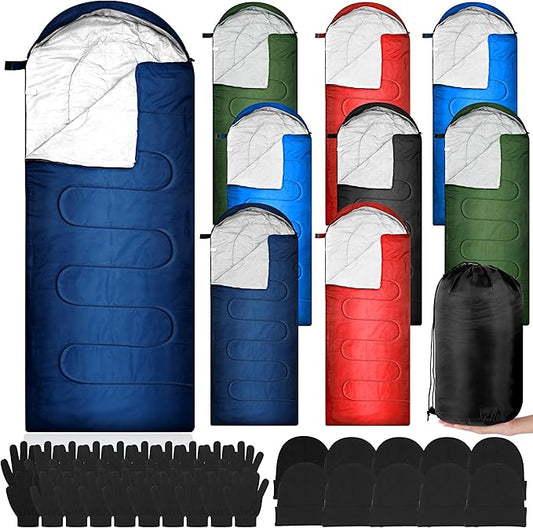 Tranqun 30 Pcs Bulk Sleeping Bags for Homeless Adults, Cold Weather Camping Sleeping Bag Liner with Winter Beanies and Gloves, Waterproof Lightweight for Backpacking Emergency Supplies