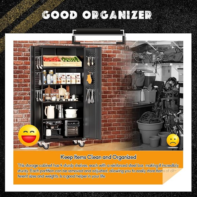 Greenvelly Metal Storage Cabinet with Wheels, Lockable 72" Black Metal Garage Cabinets with 2 Doors and 4 Adjustable Shelves, Rolling Steel Tool Cabinet for Garage, Home Office, School