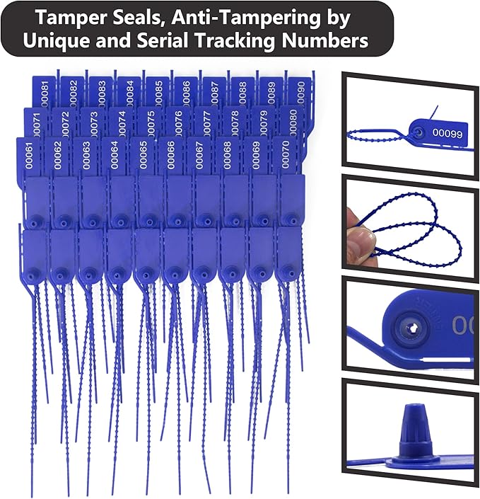 200 Plastic Security Seals Secure Anti-Tamper Fire Extinguisher Tags Numbered Zip Ties Inspection Tags Breakable Label Tags Pull Tite Safey Tags for First Aid Kits, Clothes,Bags (Blue)