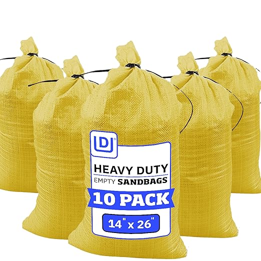 DURASACK Heavy Duty Sand Bags with Tie Strings Empty Woven Polypropylene Sand-Bags for Flood Control with 1600 Hours of UV Protection, 50 lbs Capacity, 14x26 inches, Yellow, Pack of 10