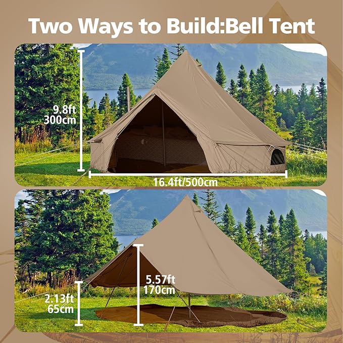 Cotton Canvas Bell Tent, Waterproof Large Tents with Sturdy Center & Door Pole and Space for 4/6/8 Person All 4 Season Camping Yurt Tent