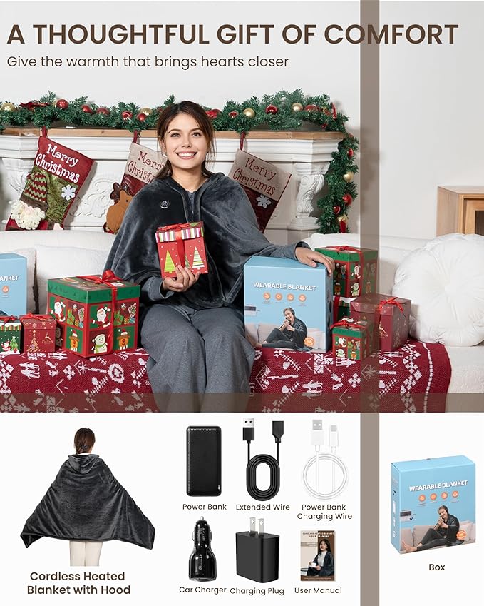Cordless Heated Blanket with Hood, USB Battery Powered Heated Wearable Blanket with 9 Heating Zones, 20000 mAh Power Bank, 3 Levels, Portable Heated Throw Blanket, Heated Shawl