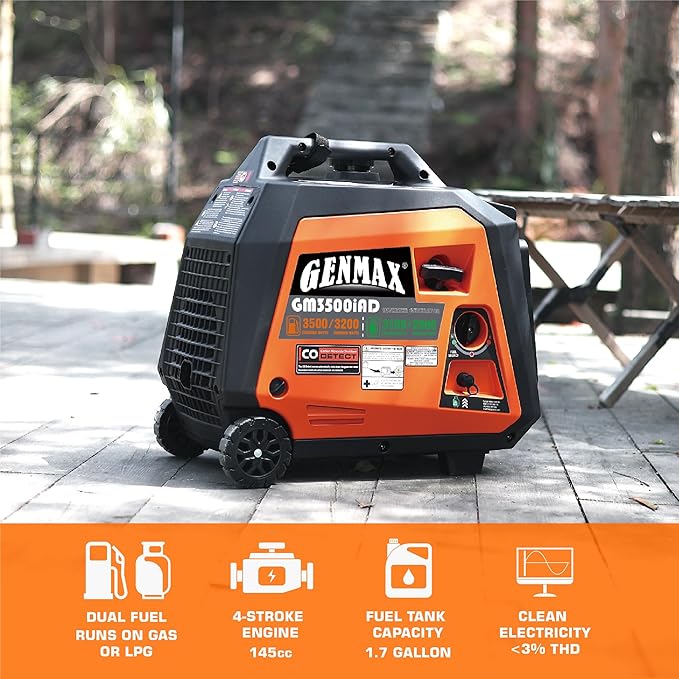 GENMAX Portable Generator, 3500W Super Quiet Gas or Propane Powered Engine with Parallel Capability, Manual start，Ideal for Camping Travel Outdoor.EPA Compliant