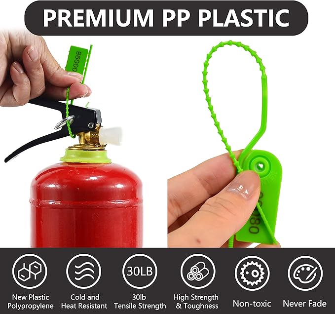 200 Anti-Tamper Fire Extinguisher Tags Plastic Security Seal Tags Break Tags Numbered Pull Tite Signage Inspection Tags Secure Tamper Proof Zip Ties for First Aid Kits, Clothes, Bags (Green)